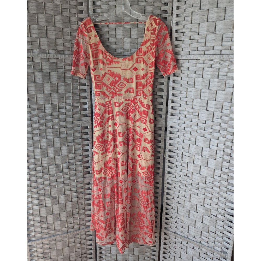 Line & Dot Midi Dress Red Geometric Mesh‎ Overlay Embroidered Open Back Sz S EUC